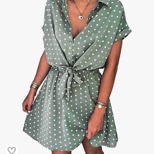 V-Neck Button-Down Green & White Polka Dot Dress | Small